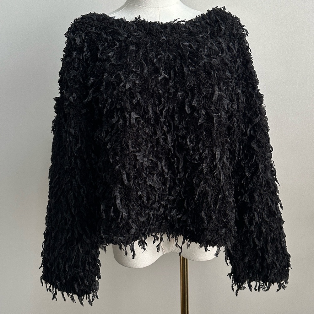 Nwt Womens Black Sz S Oversized Textured Fuzzy Shaggy‎ Sweater Western Boho Goth
